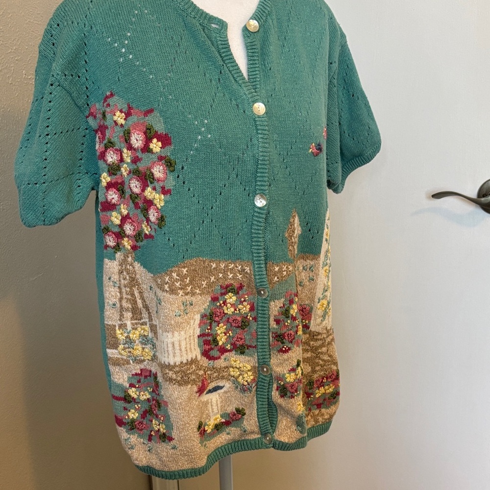 Embroidered Teal Cardigan Sweater with spring garden & birds- L or XL?
